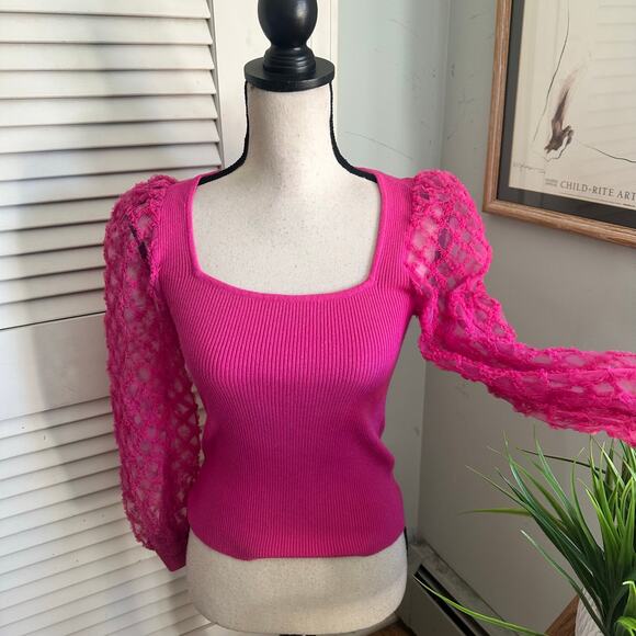 On Twelfth Top Womens Small Hot Pink Sheer Puff Sleeve Dainty Milkmaid Coquette - Picture 5 of 12